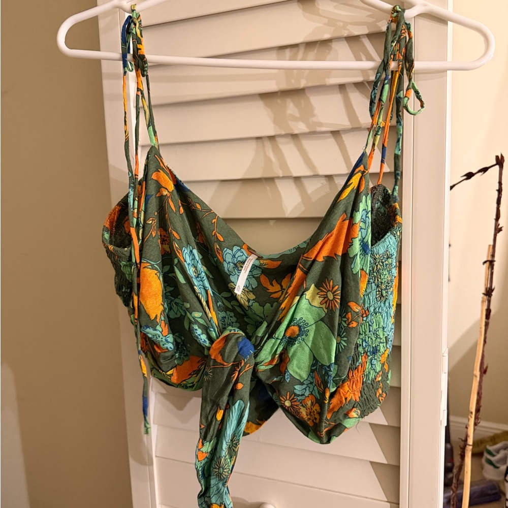 Free People Green and Orange Floral Top